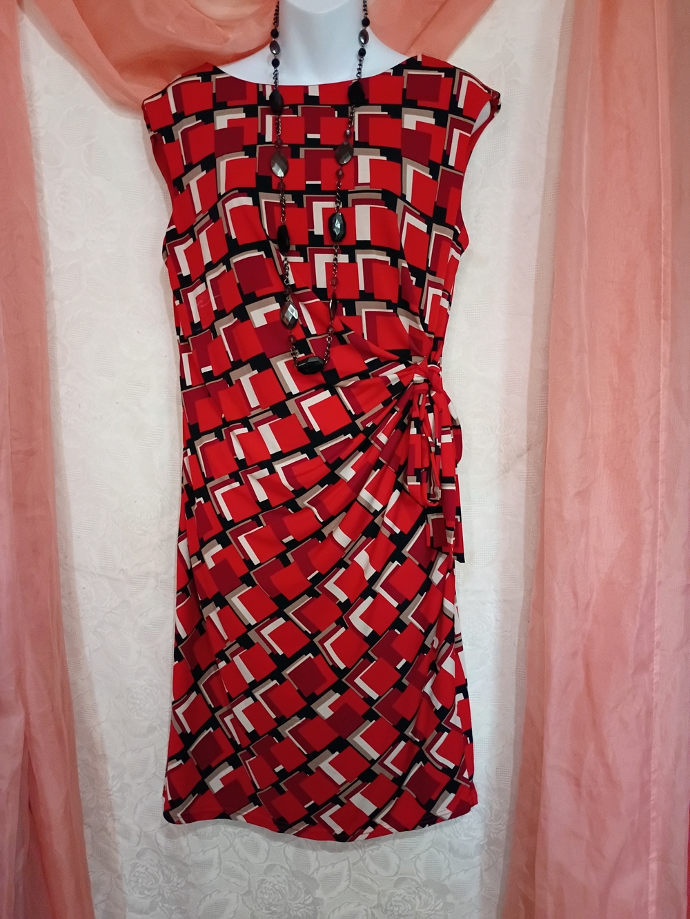 R&K Ladies Red Geometric Knot-Side Midi Dress Sz M